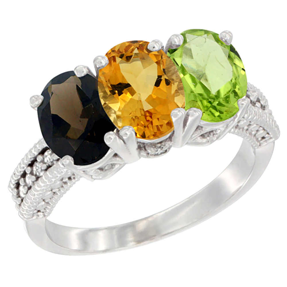 14K White Gold Natural Smoky Topaz, Citrine & Peridot Ring 3-Stone 7x5 mm Oval Diamond Accent, sizes 5 - 10