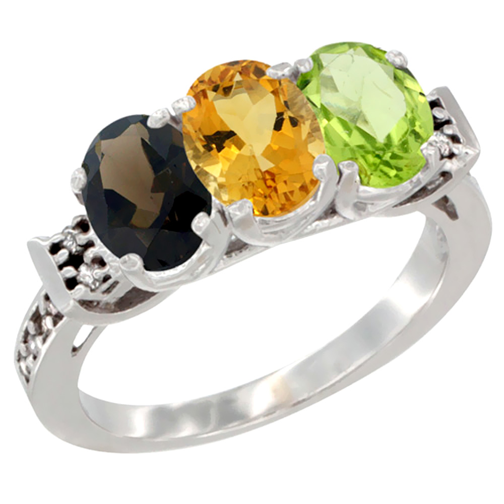 10K White Gold Natural Smoky Topaz, Citrine & Peridot Ring 3-Stone Oval 7x5 mm Diamond Accent, sizes 5 - 10