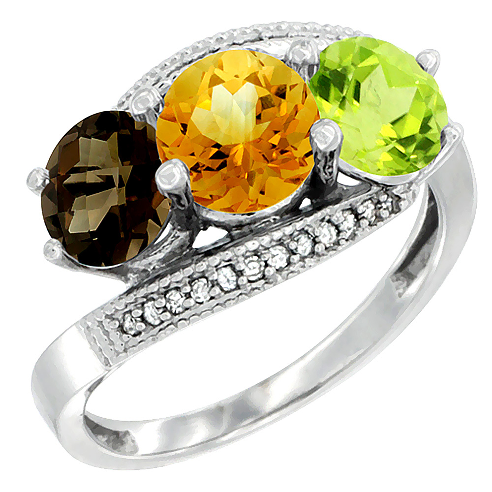 14K White Gold Natural Smoky Topaz, Citrine &amp; Peridot 3 stone Ring Round 6mm Diamond Accent, sizes 5 - 10