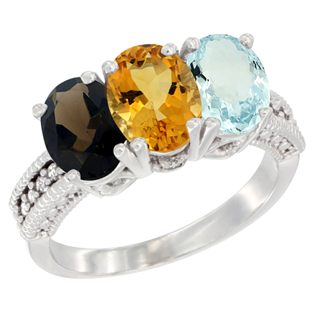 10K White Gold Natural Smoky Topaz, Citrine & Aquamarine Ring 3-Stone Oval 7x5 mm Diamond Accent, sizes 5 - 10