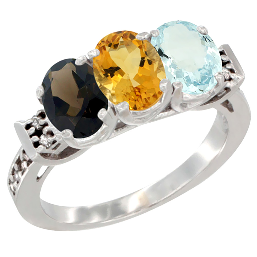 10K White Gold Natural Smoky Topaz, Citrine & Aquamarine Ring 3-Stone Oval 7x5 mm Diamond Accent, sizes 5 - 10