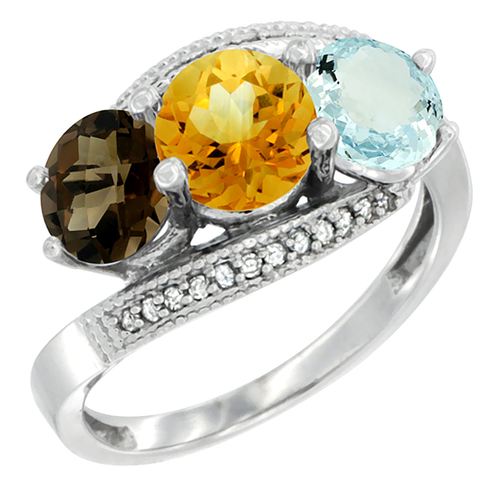 14K White Gold Natural Smoky Topaz, Citrine & Aquamarine 3 stone Ring Round 6mm Diamond Accent, sizes 5 - 10