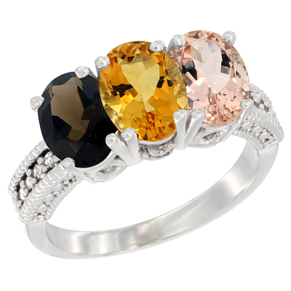 10K White Gold Natural Smoky Topaz, Citrine & Morganite Ring 3-Stone Oval 7x5 mm Diamond Accent, sizes 5 - 10