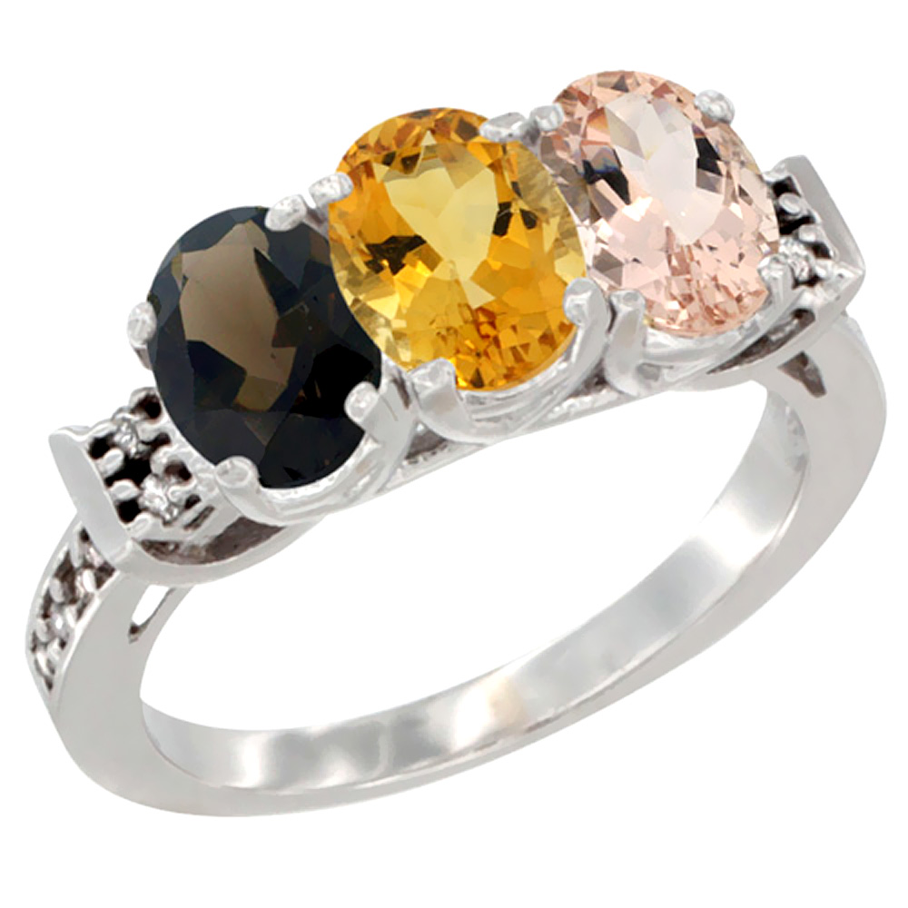 10K White Gold Natural Smoky Topaz, Citrine & Morganite Ring 3-Stone Oval 7x5 mm Diamond Accent, sizes 5 - 10