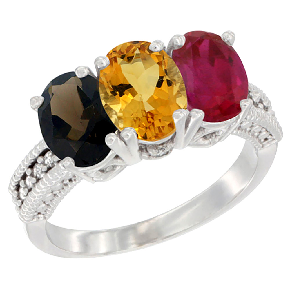 14K White Gold Natural Smoky Topaz, Citrine &amp; Enhanced Ruby Ring 3-Stone 7x5 mm Oval Diamond Accent, sizes 5 - 10