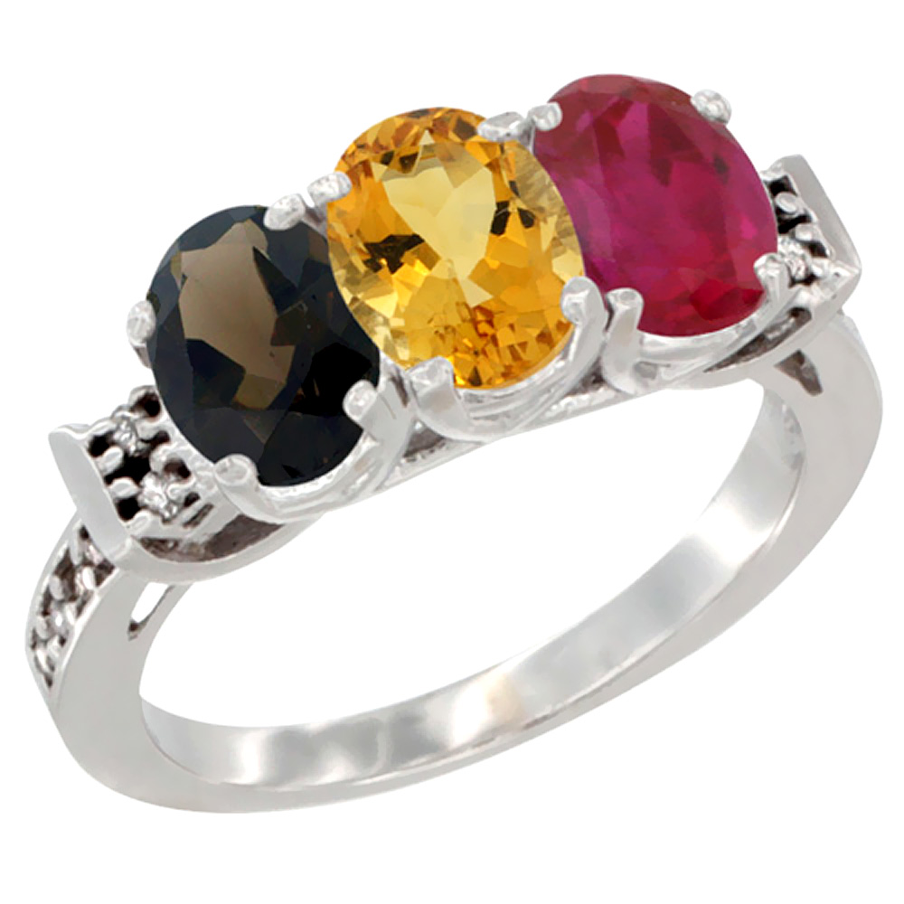 10K White Gold Natural Smoky Topaz, Citrine & Enhanced Ruby Ring 3-Stone Oval 7x5 mm Diamond Accent, sizes 5 - 10