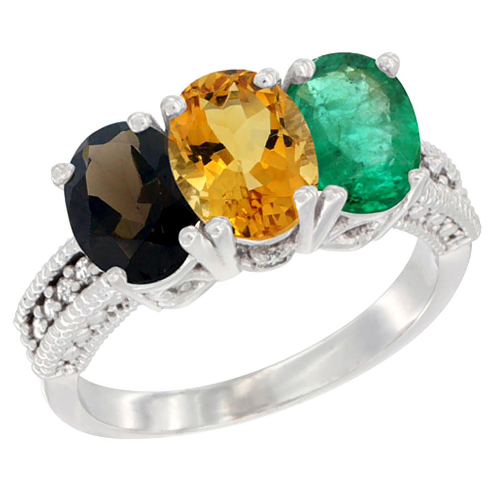 10K White Gold Natural Smoky Topaz, Citrine & Emerald Ring 3-Stone Oval 7x5 mm Diamond Accent, sizes 5 - 10