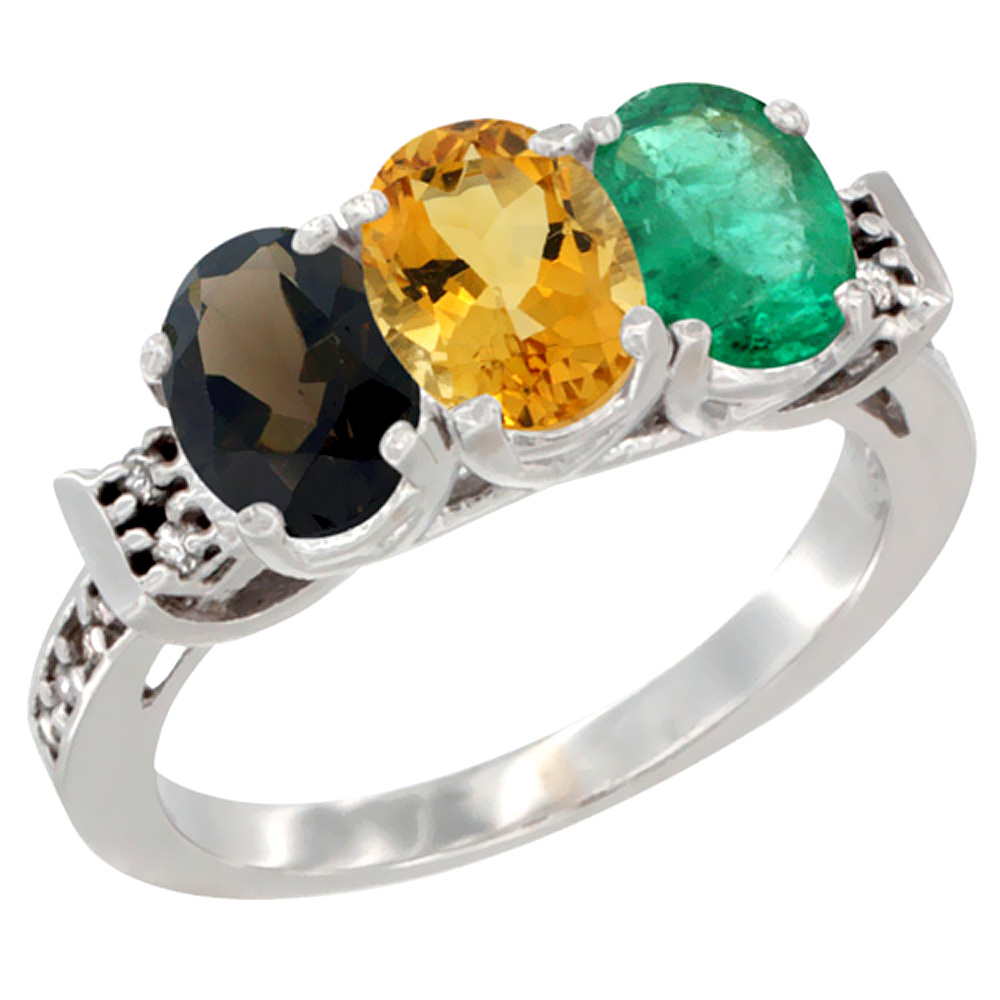 14K White Gold Natural Smoky Topaz, Citrine &amp; Emerald Ring 3-Stone Oval 7x5 mm Diamond Accent, sizes 5 - 10