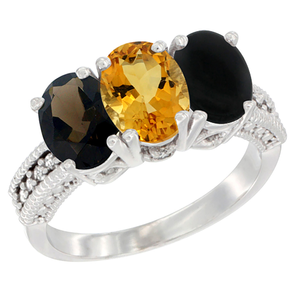 10K White Gold Natural Smoky Topaz, Citrine & Black Onyx Ring 3-Stone Oval 7x5 mm Diamond Accent, sizes 5 - 10