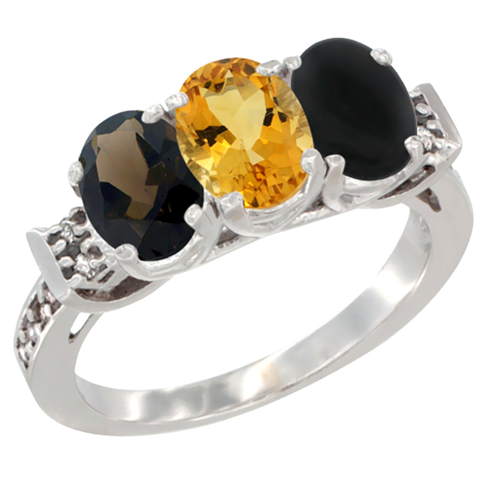 14K White Gold Natural Smoky Topaz, Citrine & Black Onyx Ring 3-Stone Oval 7x5 mm Diamond Accent, sizes 5 - 10