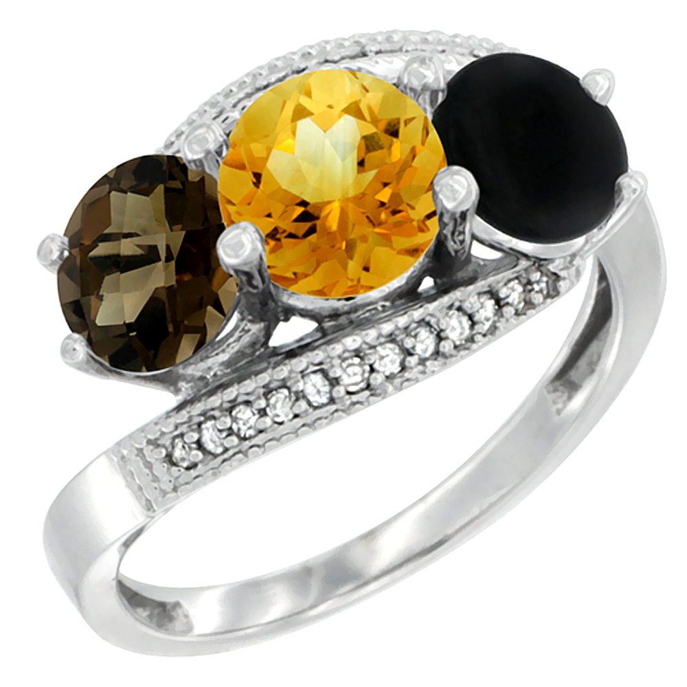 14K White Gold Natural Smoky Topaz, Citrine & Black Onyx 3 stone Ring Round 6mm Diamond Accent, sizes 5 - 10