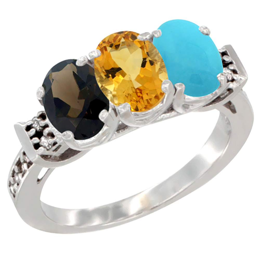 10K White Gold Natural Smoky Topaz, Citrine &amp; Turquoise Ring 3-Stone Oval 7x5 mm Diamond Accent, sizes 5 - 10