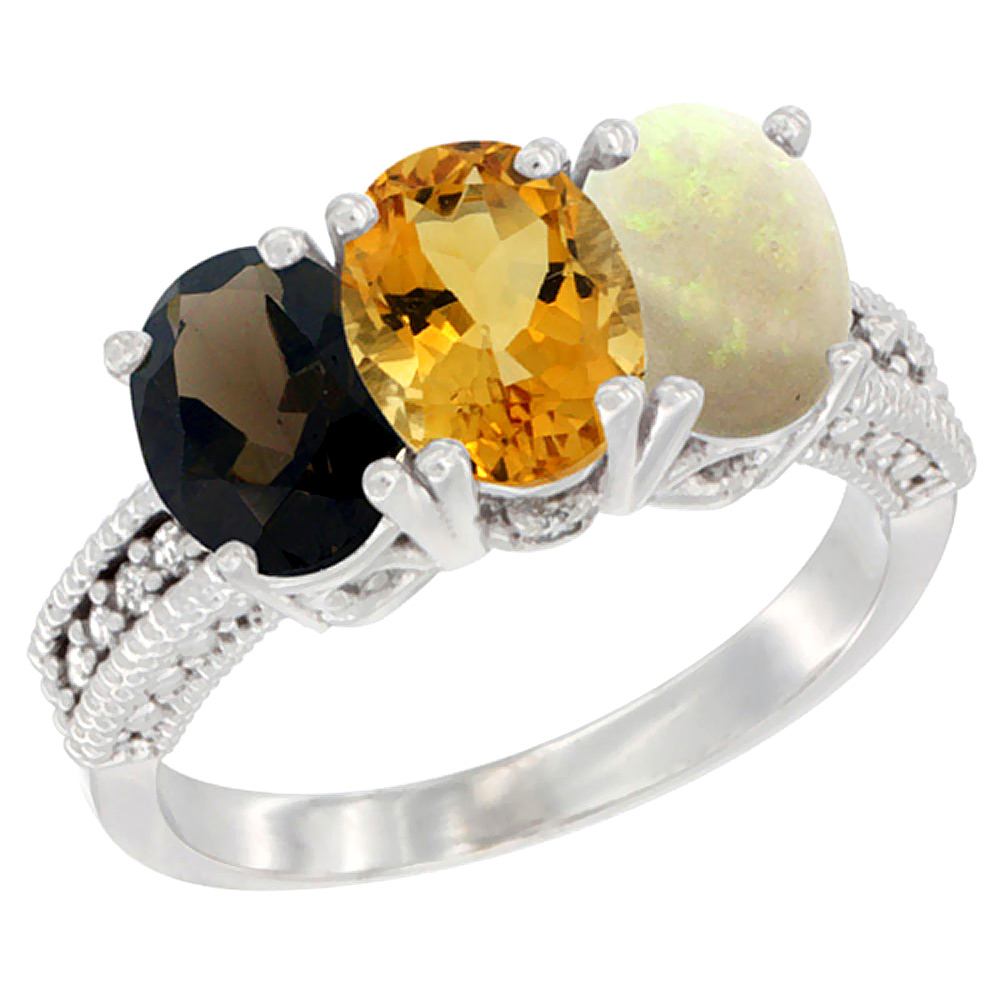 14K White Gold Natural Smoky Topaz, Citrine & Opal Ring 3-Stone 7x5 mm Oval Diamond Accent, sizes 5 - 10