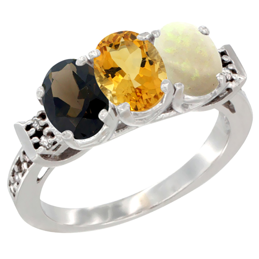 10K White Gold Natural Smoky Topaz, Citrine & Opal Ring 3-Stone Oval 7x5 mm Diamond Accent, sizes 5 - 10