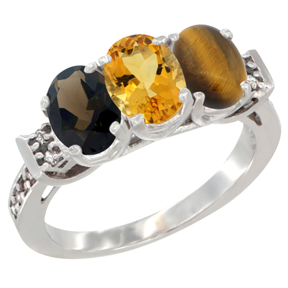 14K White Gold Natural Smoky Topaz, Citrine &amp; Tiger Eye Ring 3-Stone Oval 7x5 mm Diamond Accent, sizes 5 - 10