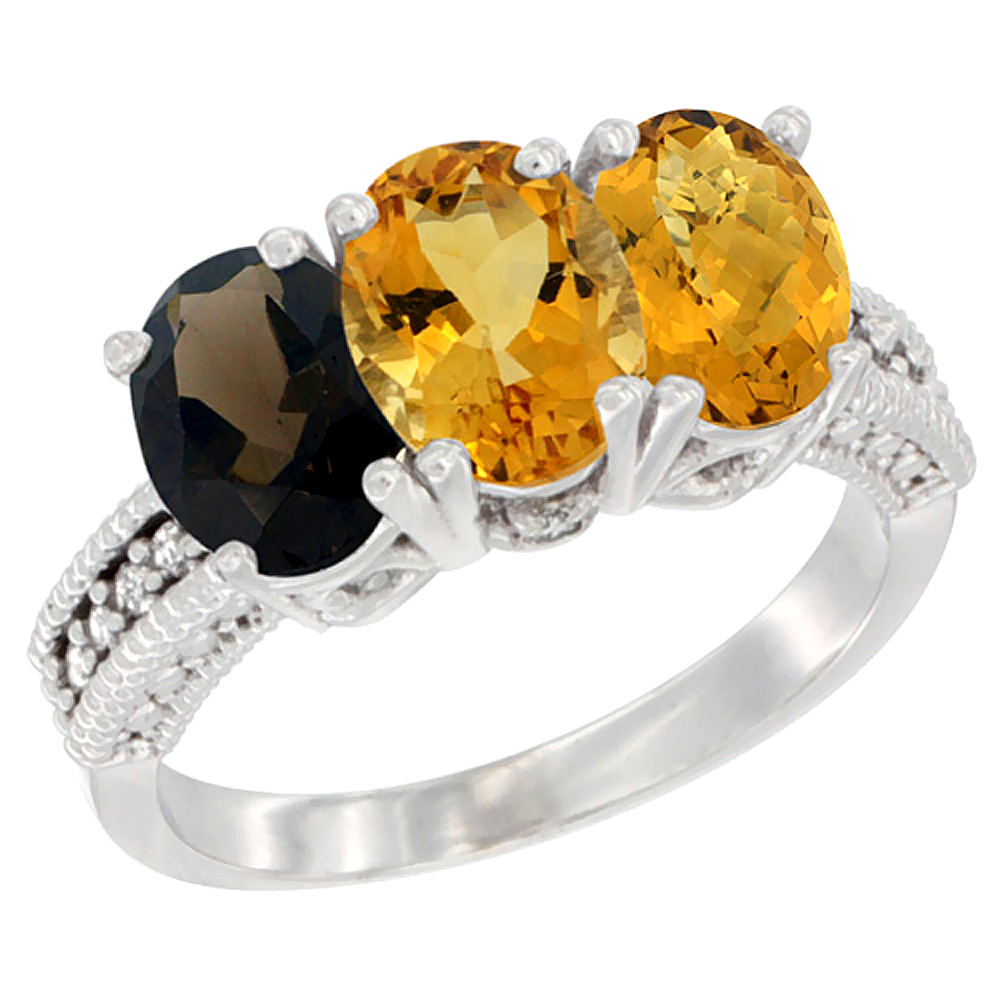 14K White Gold Natural Smoky Topaz, Citrine & Whisky Quartz Ring 3-Stone 7x5 mm Oval Diamond Accent, sizes 5 - 10