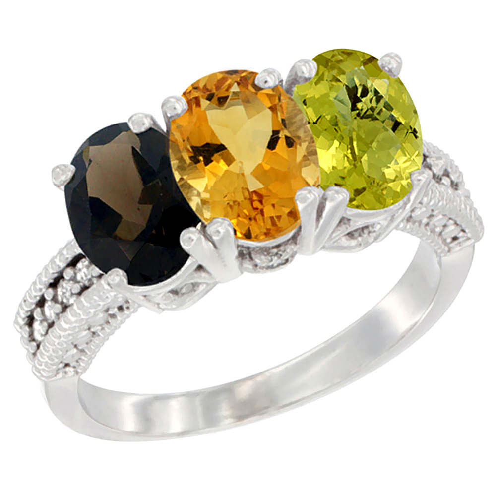 14K White Gold Natural Smoky Topaz, Citrine &amp; Lemon Quartz Ring 3-Stone 7x5 mm Oval Diamond Accent, sizes 5 - 10