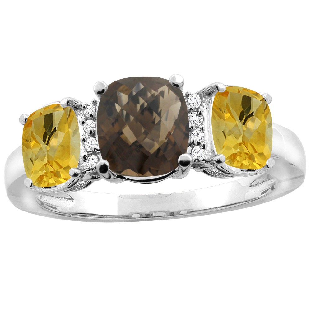 10K Yellow Gold Natural Smoky Topaz & Citrine 3-stone Ring Cushion 8x6mm Diamond Accent, sizes 5 - 10