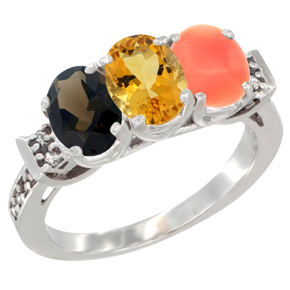 10K White Gold Natural Smoky Topaz, Citrine &amp; Coral Ring 3-Stone Oval 7x5 mm Diamond Accent, sizes 5 - 10
