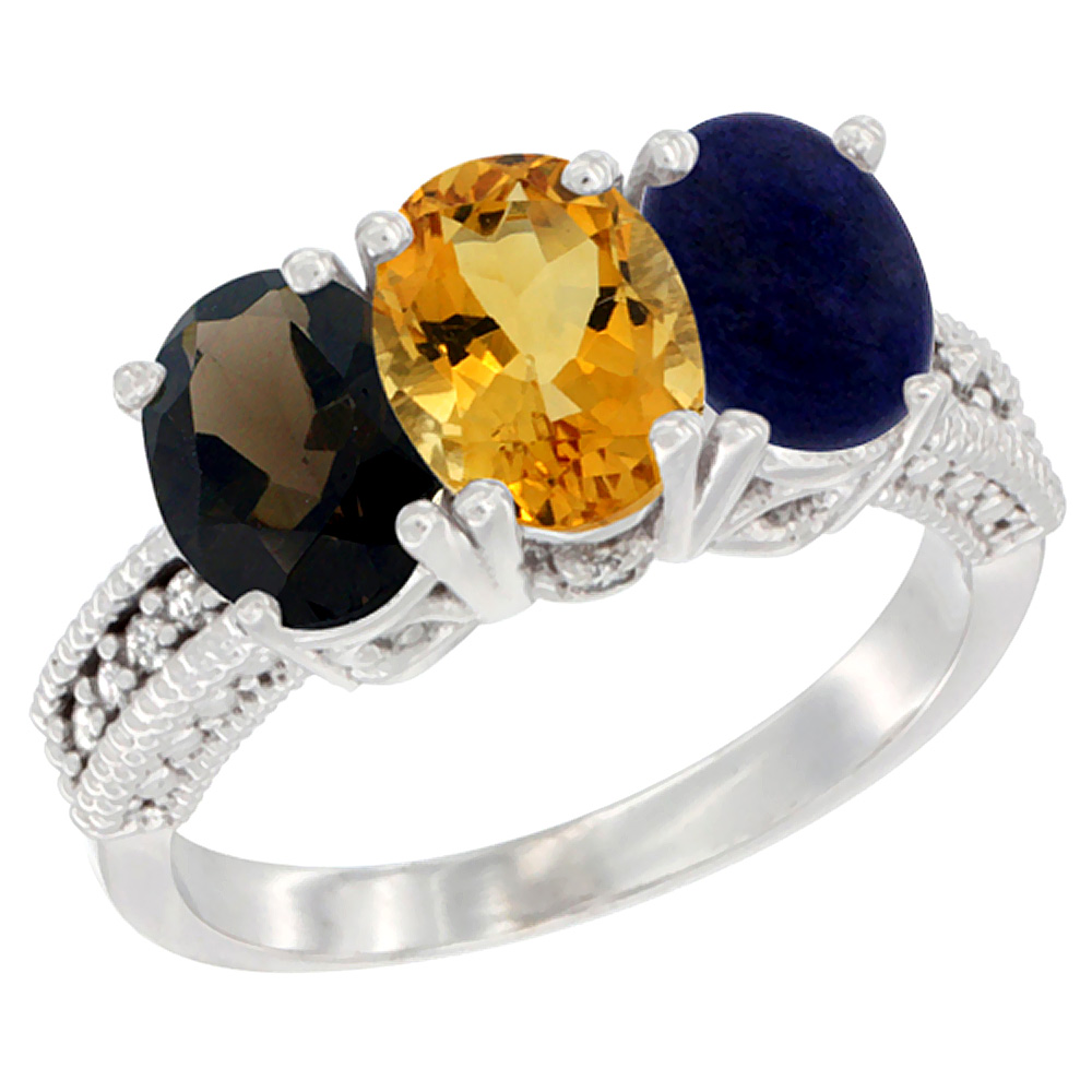 14K White Gold Natural Smoky Topaz, Citrine &amp; Lapis Ring 3-Stone 7x5 mm Oval Diamond Accent, sizes 5 - 10