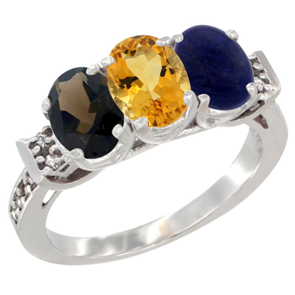 14K White Gold Natural Smoky Topaz, Citrine &amp; Lapis Ring 3-Stone Oval 7x5 mm Diamond Accent, sizes 5 - 10