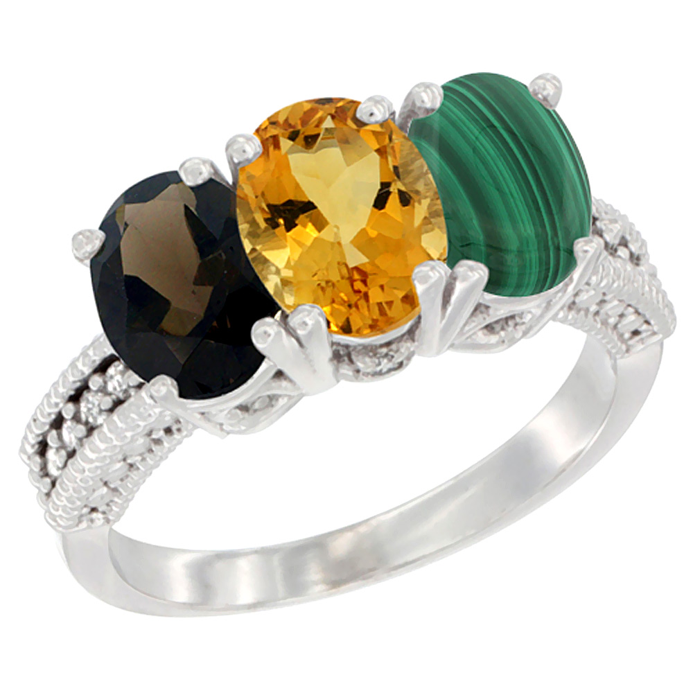 14K White Gold Natural Smoky Topaz, Citrine & Malachite Ring 3-Stone 7x5 mm Oval Diamond Accent, sizes 5 - 10