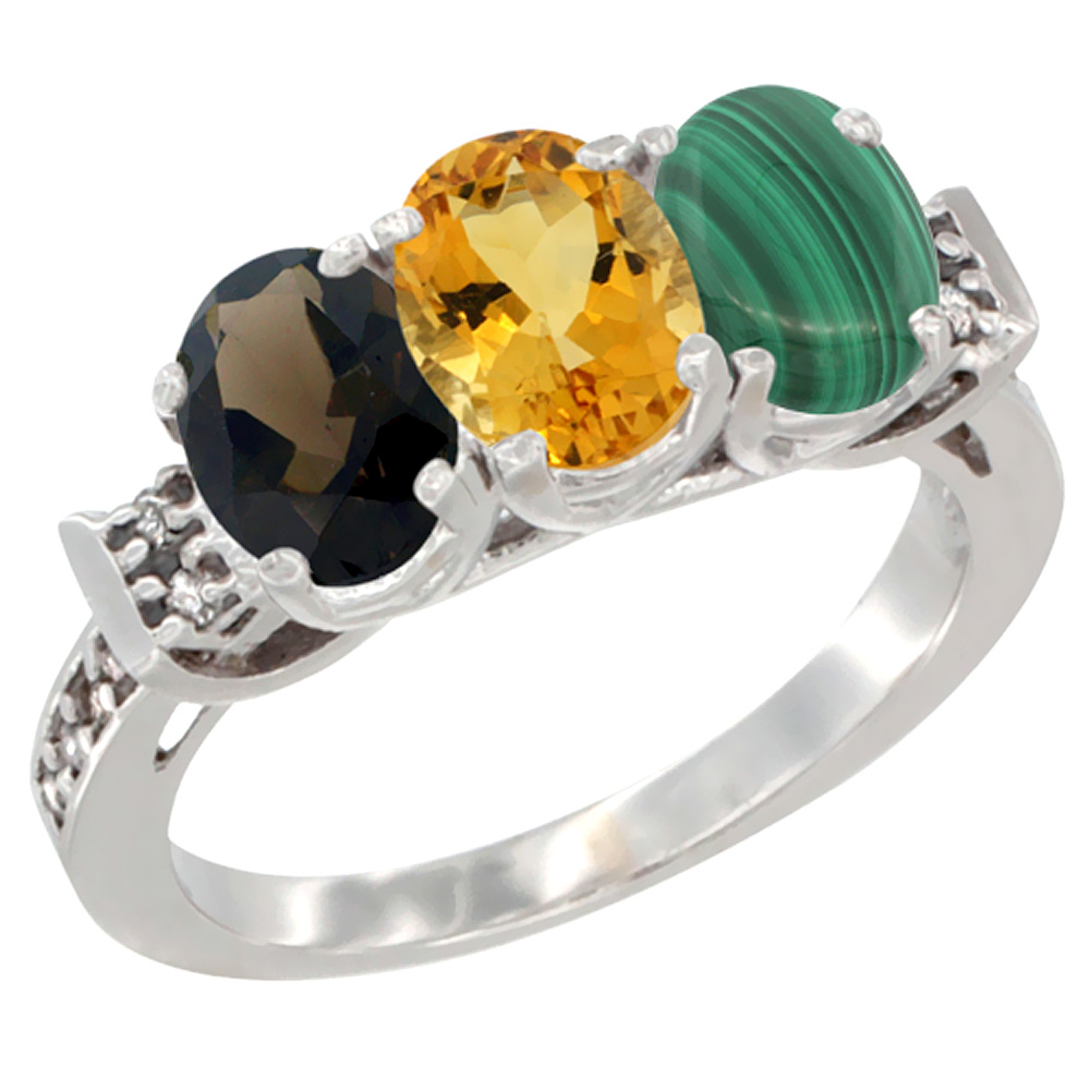 14K White Gold Natural Smoky Topaz, Citrine & Malachite Ring 3-Stone Oval 7x5 mm Diamond Accent, sizes 5 - 10