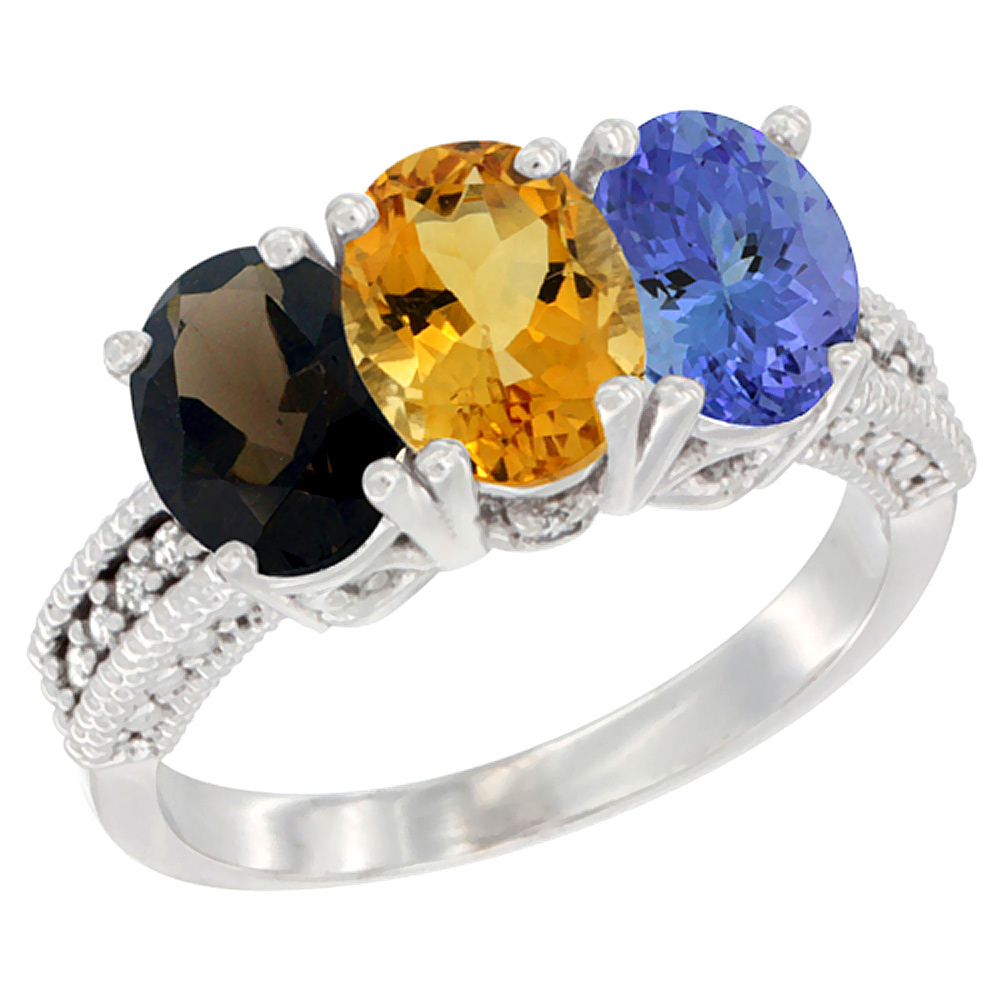 14K White Gold Natural Smoky Topaz, Citrine & Tanzanite Ring 3-Stone 7x5 mm Oval Diamond Accent, sizes 5 - 10