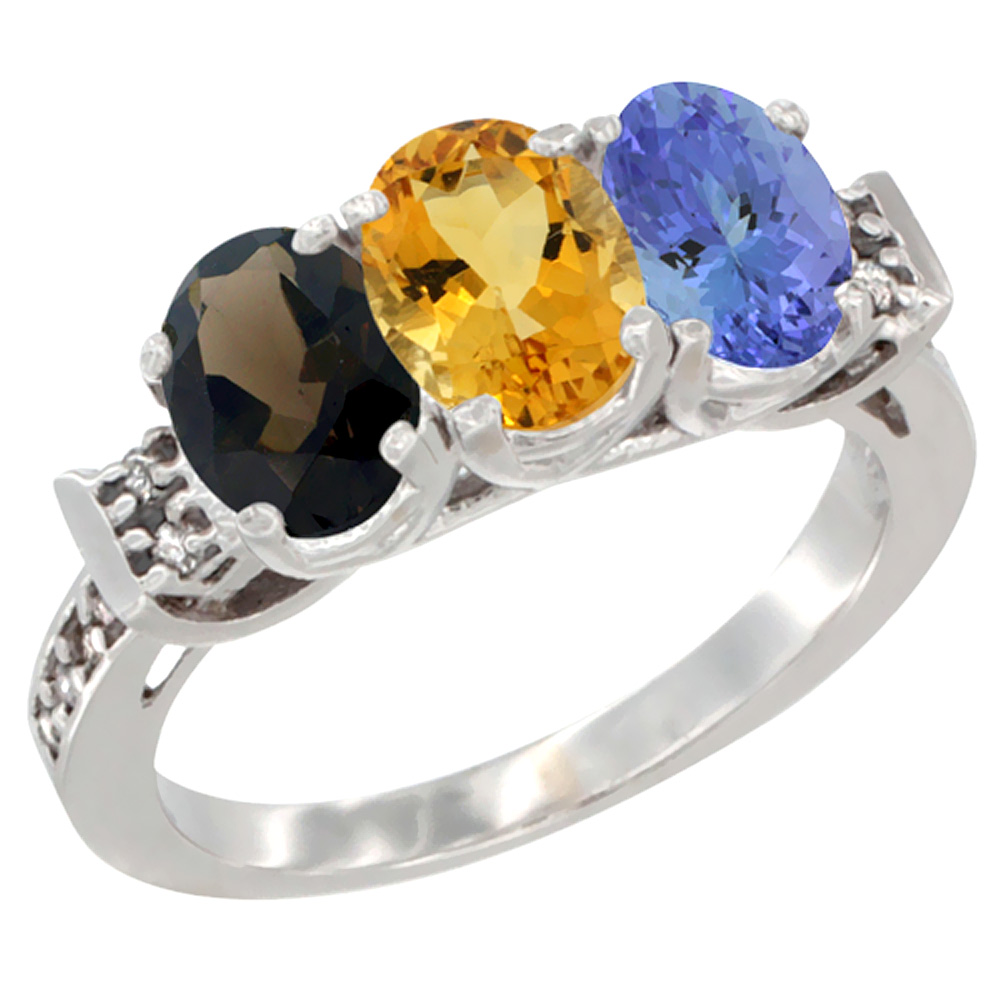 10K White Gold Natural Smoky Topaz, Citrine & Tanzanite Ring 3-Stone Oval 7x5 mm Diamond Accent, sizes 5 - 10