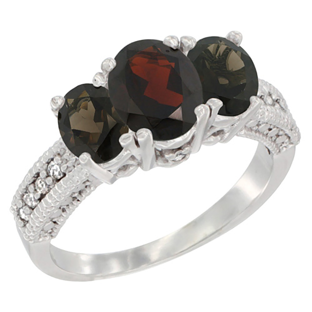 14K White Gold Diamond Natural Garnet Ring Oval 3-stone with Smoky Topaz, sizes 5 - 10