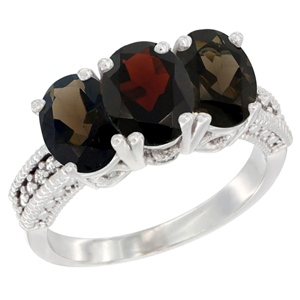 10K White Gold Natural Garnet & Smoky Topaz Sides Ring 3-Stone Oval 7x5 mm Diamond Accent, sizes 5 - 10