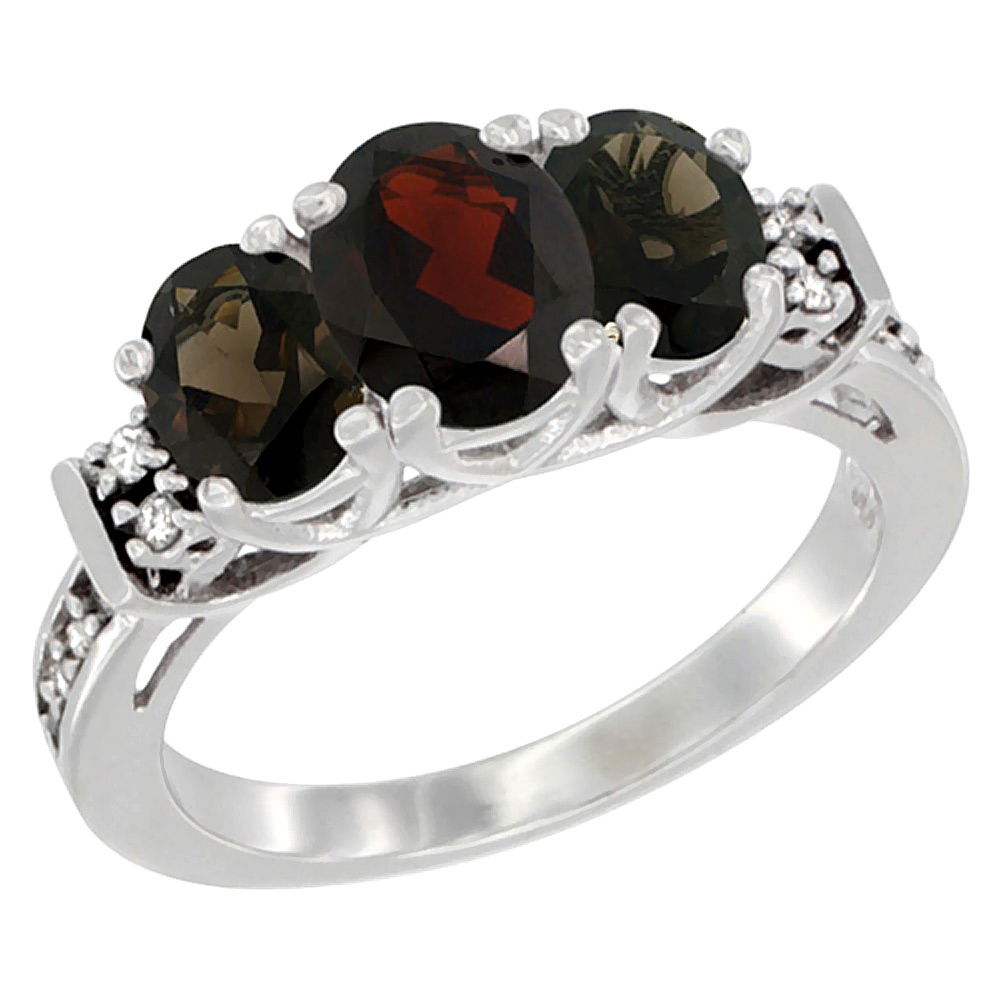 14K White Gold Natural Garnet &amp; Smoky Topaz Ring 3-Stone Oval Diamond Accent, sizes 5-10