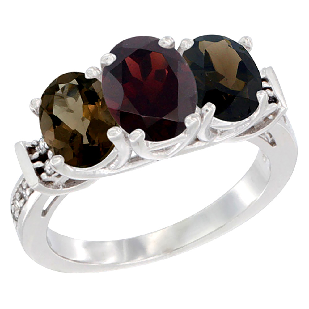 10K White Gold Natural Garnet & Smoky Topaz Sides Ring 3-Stone Oval Diamond Accent, sizes 5 - 10