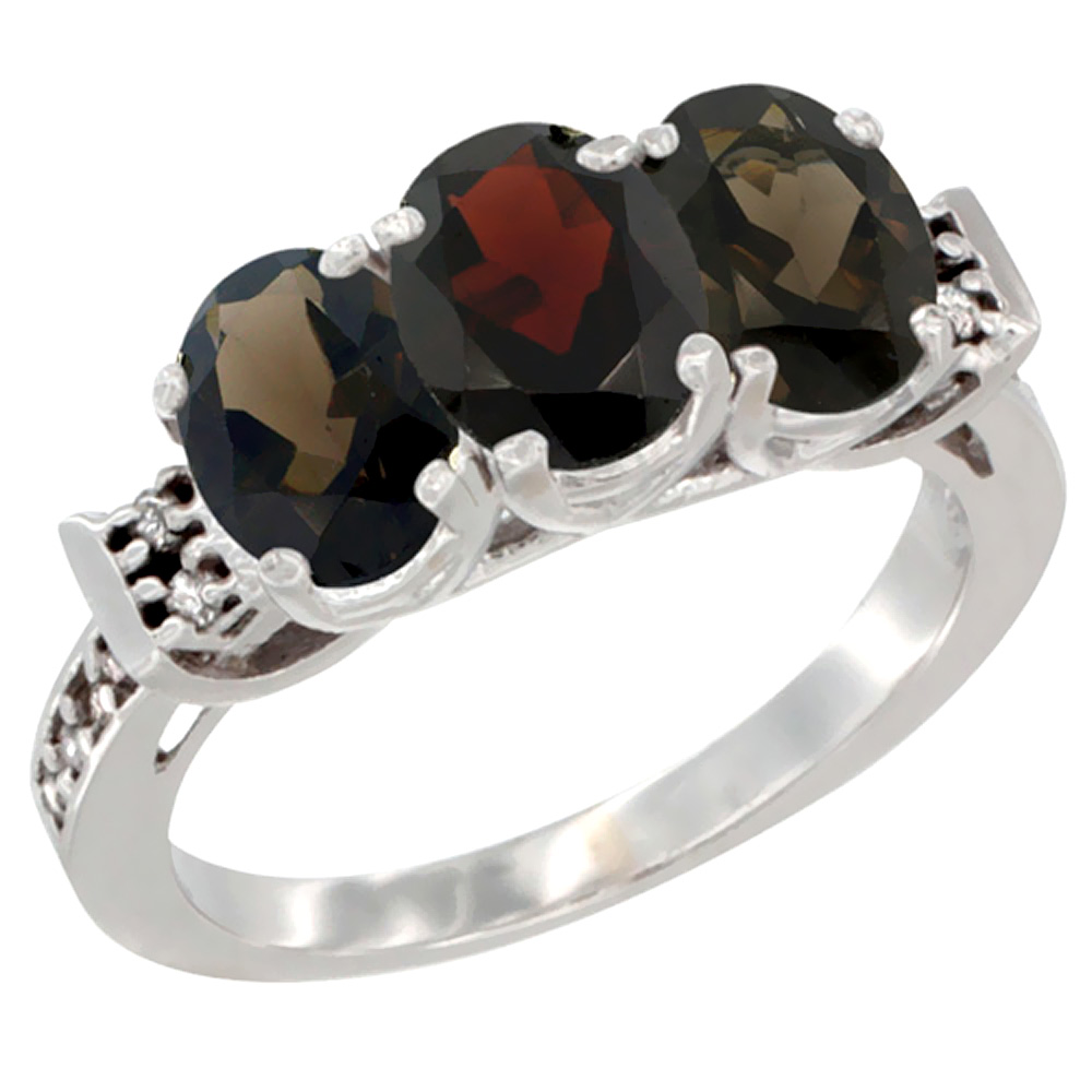 14K White Gold Natural Garnet & Smoky Topaz Sides Ring 3-Stone Oval 7x5 mm Diamond Accent, sizes 5 - 10