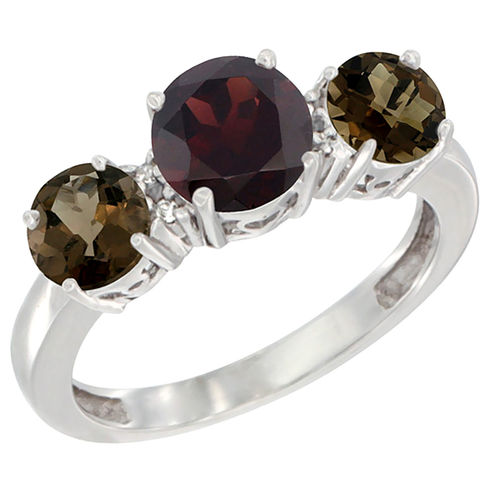 10K White Gold Round 3-Stone Natural Garnet Ring &amp; Smoky Topaz Sides Diamond Accent, sizes 5 - 10