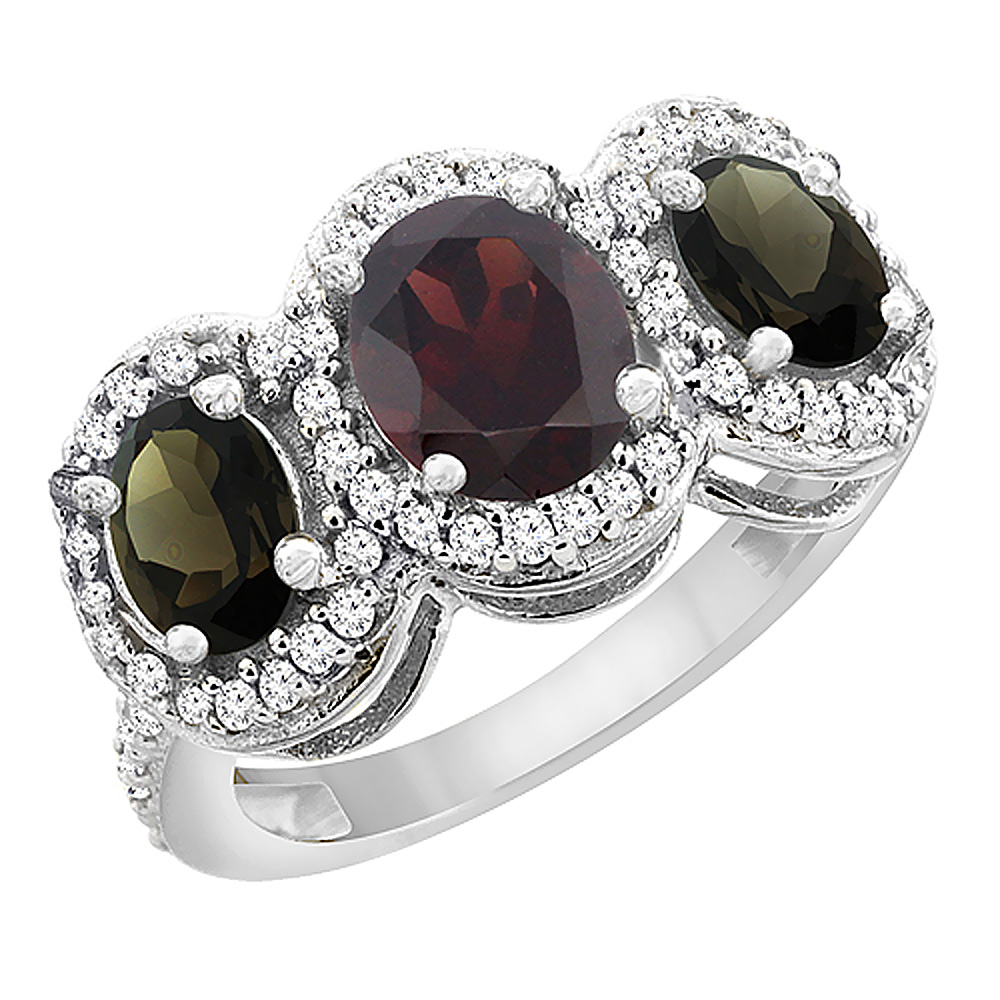 10K White Gold Natural Garnet & Smoky Topaz 3-Stone Ring Oval Diamond Accent, sizes 5 - 10