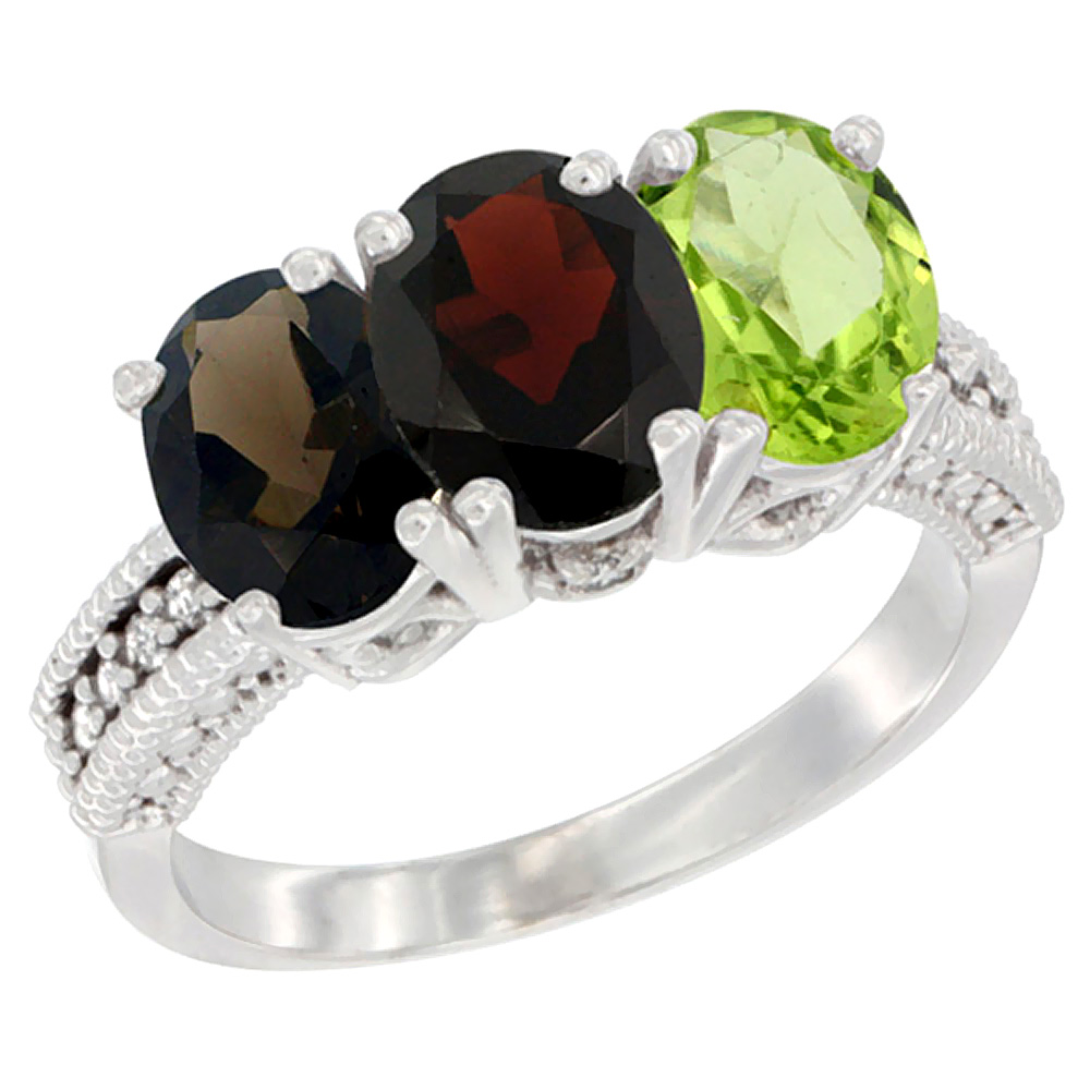 14K White Gold Natural Smoky Topaz, Garnet & Peridot Ring 3-Stone 7x5 mm Oval Diamond Accent, sizes 5 - 10