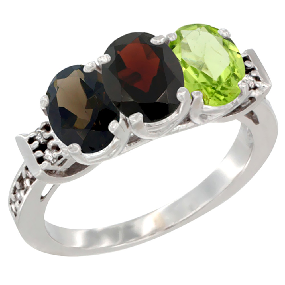 14K White Gold Natural Smoky Topaz, Garnet & Peridot Ring 3-Stone Oval 7x5 mm Diamond Accent, sizes 5 - 10