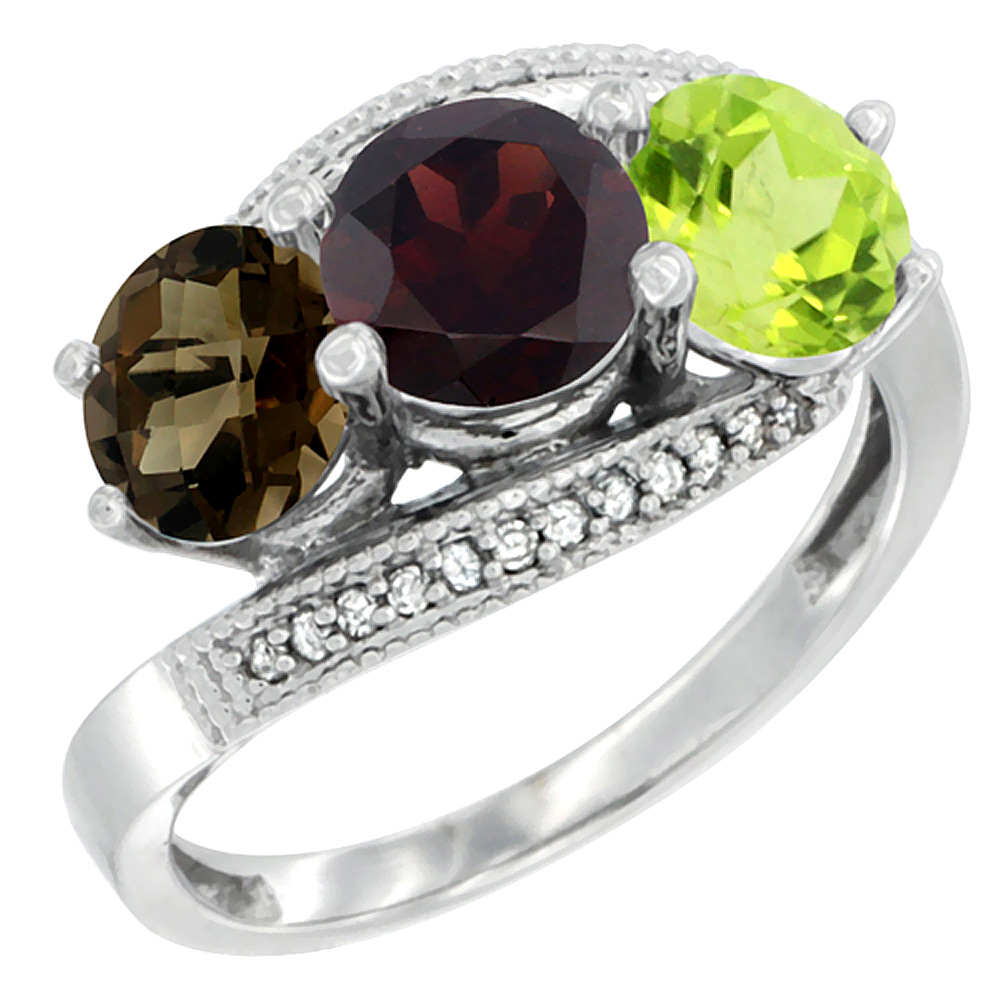 14K White Gold Natural Smoky Topaz, Garnet & Peridot 3 stone Ring Round 6mm Diamond Accent, sizes 5 - 10