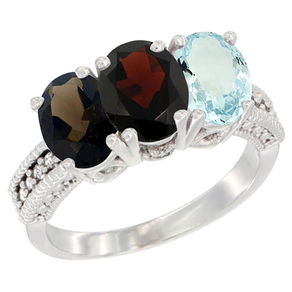 14K White Gold Natural Smoky Topaz, Garnet & Aquamarine Ring 3-Stone 7x5 mm Oval Diamond Accent, sizes 5 - 10