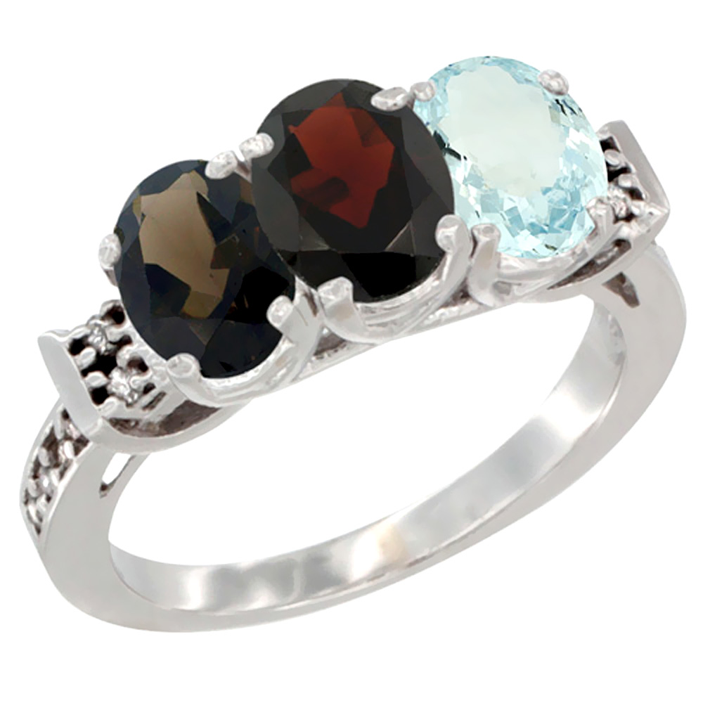 14K White Gold Natural Smoky Topaz, Garnet & Aquamarine Ring 3-Stone Oval 7x5 mm Diamond Accent, sizes 5 - 10