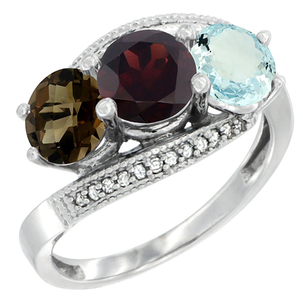 14K White Gold Natural Smoky Topaz, Garnet & Aquamarine 3 stone Ring Round 6mm Diamond Accent, sizes 5 - 10