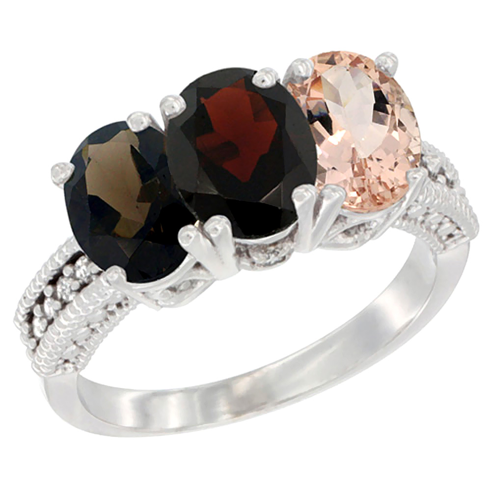 14K White Gold Natural Smoky Topaz, Garnet & Morganite Ring 3-Stone 7x5 mm Oval Diamond Accent, sizes 5 - 10