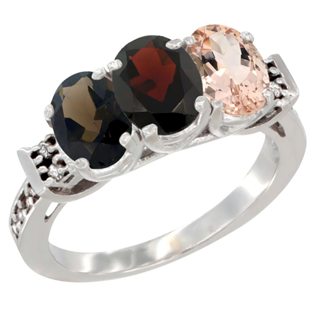 10K White Gold Natural Smoky Topaz, Garnet & Morganite Ring 3-Stone Oval 7x5 mm Diamond Accent, sizes 5 - 10