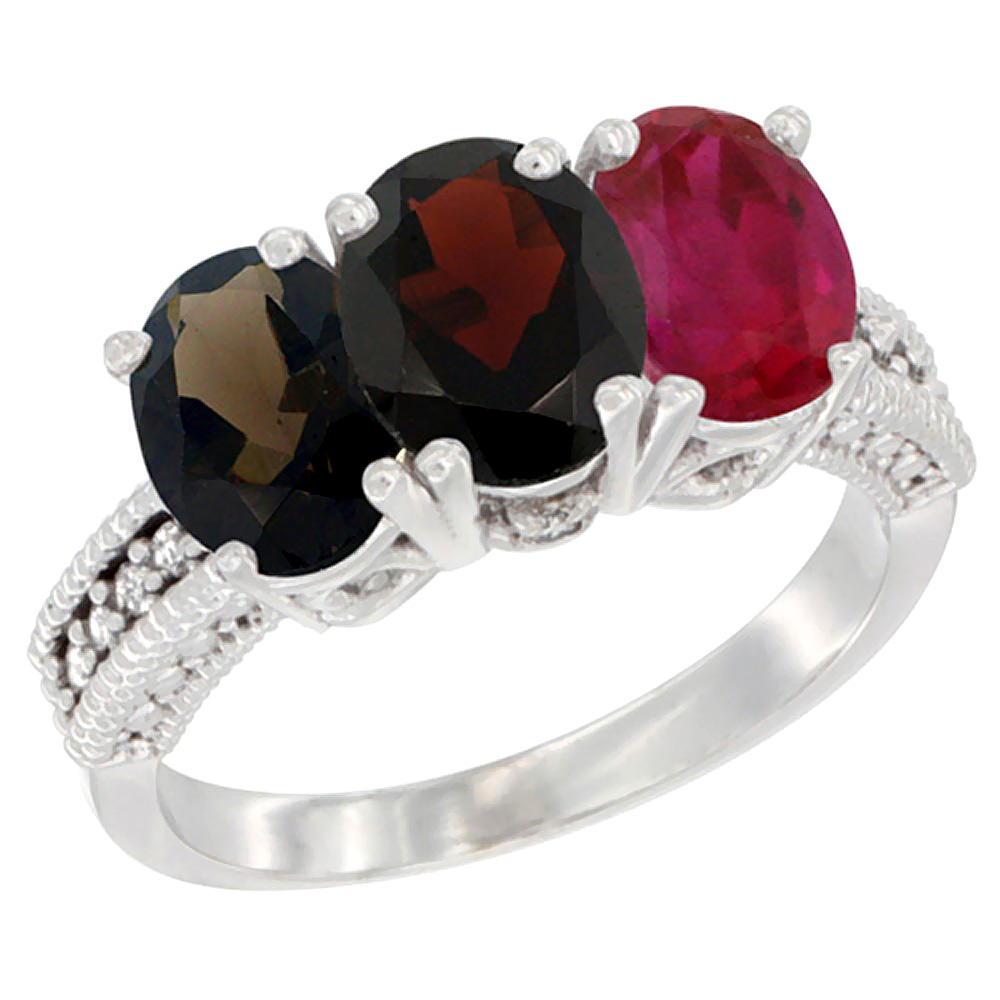 10K White Gold Natural Smoky Topaz, Garnet & Enhanced Ruby Ring 3-Stone Oval 7x5 mm Diamond Accent, sizes 5 - 10