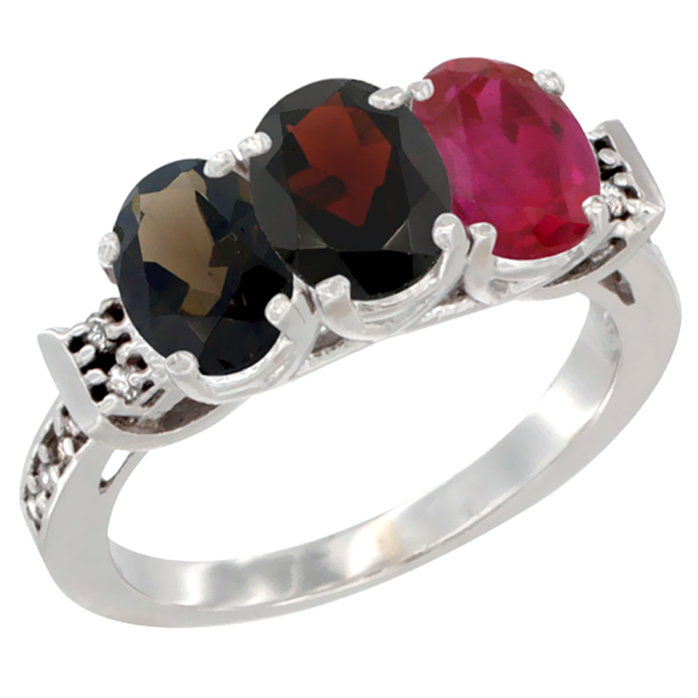 14K White Gold Natural Smoky Topaz, Garnet & Enhanced Ruby Ring 3-Stone Oval 7x5 mm Diamond Accent, sizes 5 - 10