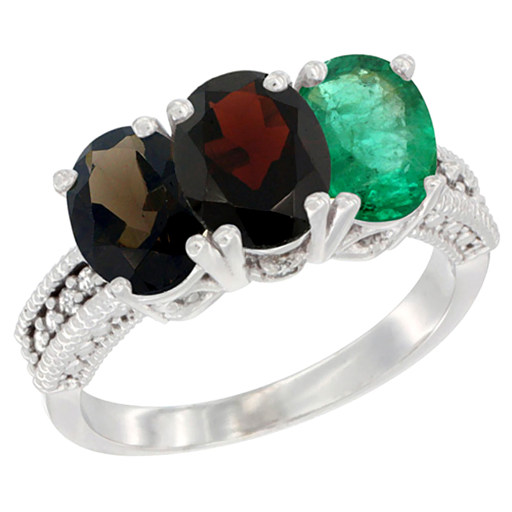 14K White Gold Natural Smoky Topaz, Garnet & Emerald Ring 3-Stone 7x5 mm Oval Diamond Accent, sizes 5 - 10