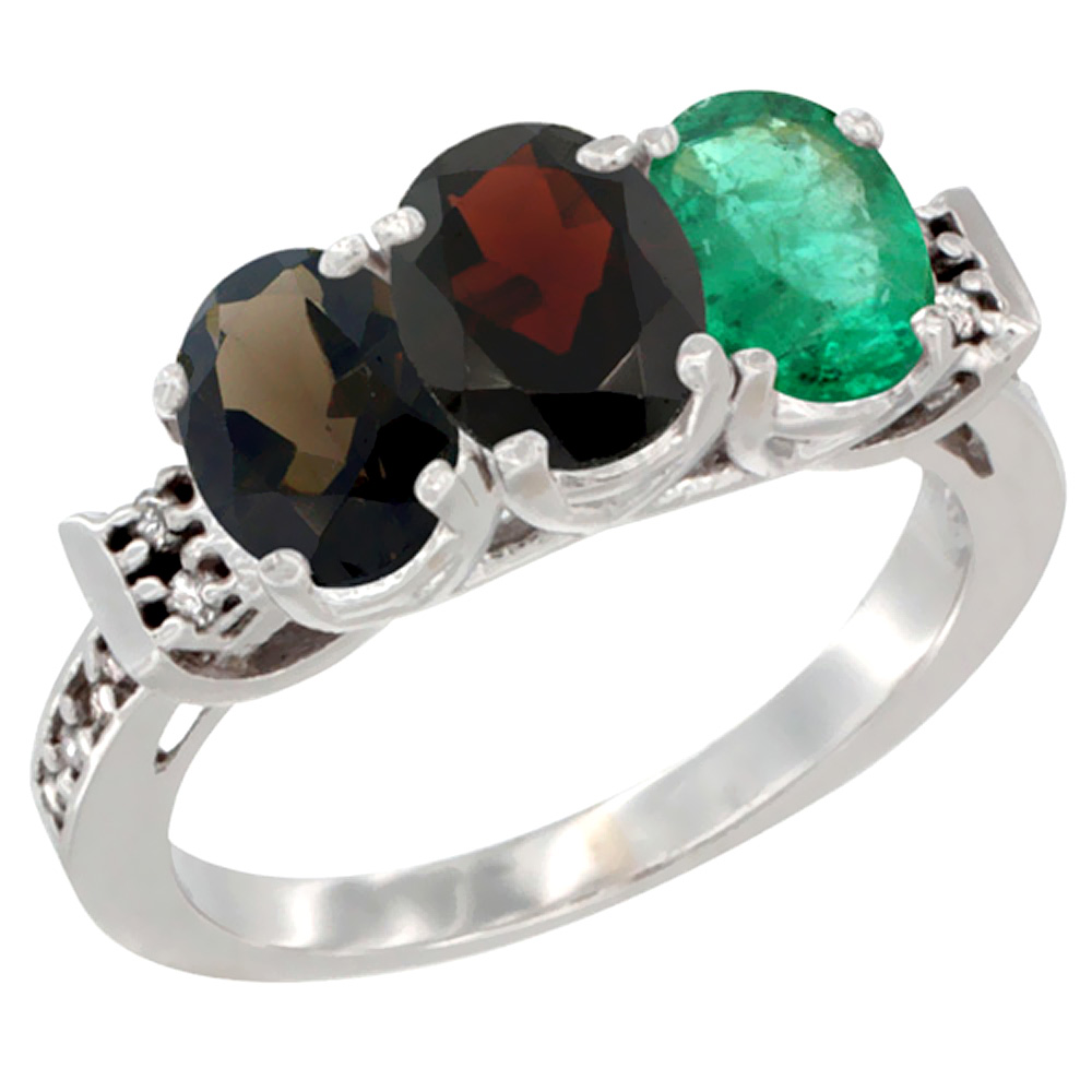 14K White Gold Natural Smoky Topaz, Garnet & Emerald Ring 3-Stone Oval 7x5 mm Diamond Accent, sizes 5 - 10