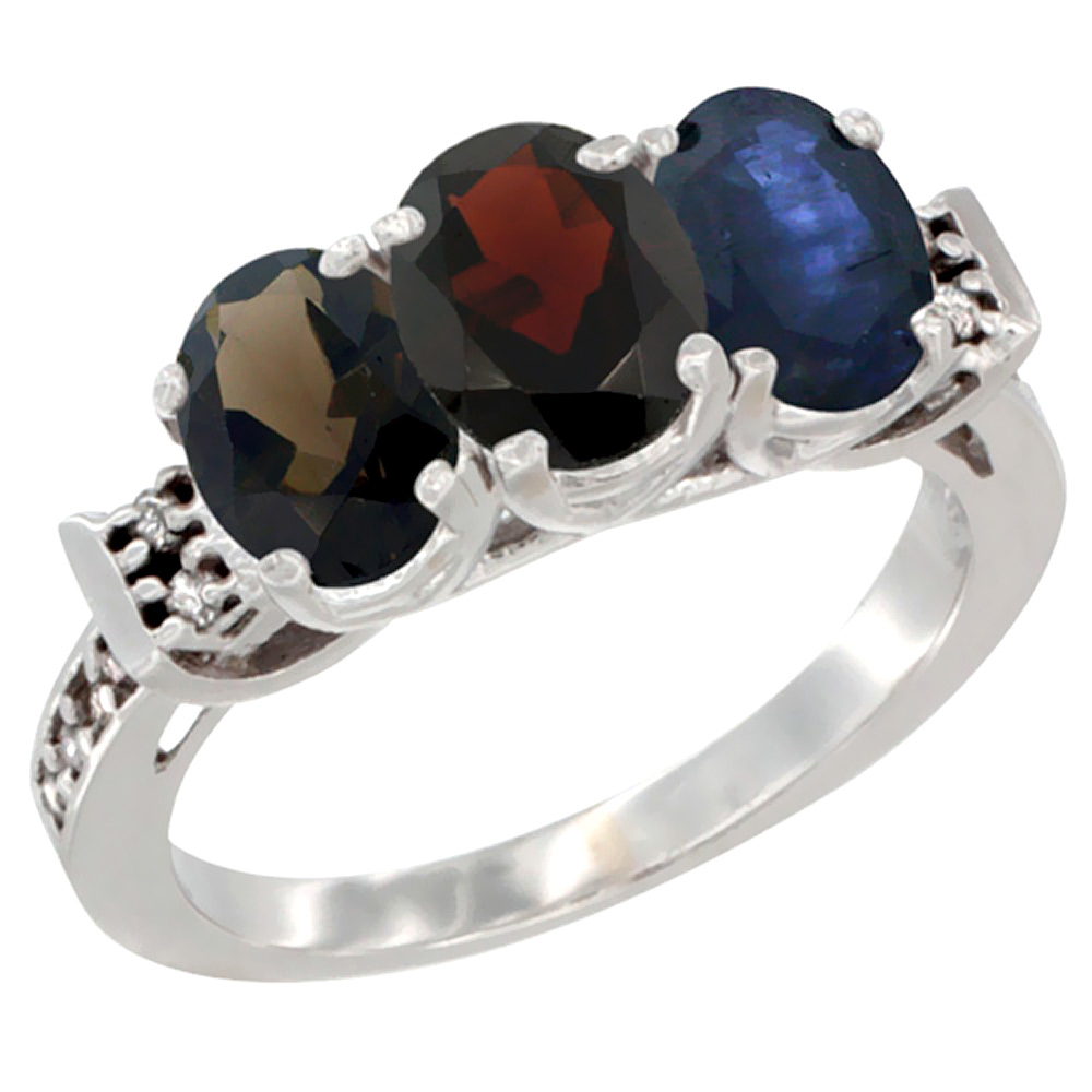 10K White Gold Natural Smoky Topaz, Garnet & Blue Sapphire Ring 3-Stone Oval 7x5 mm Diamond Accent, sizes 5 - 10