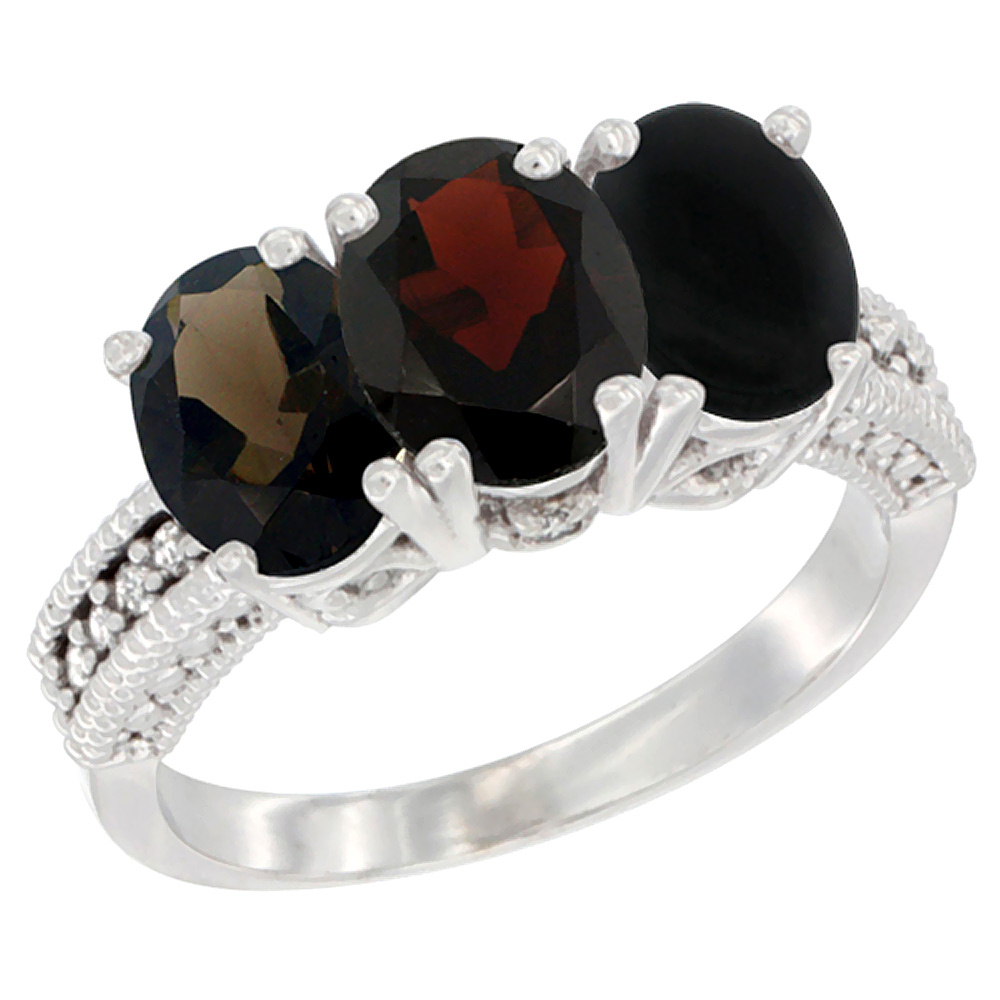 10K White Gold Natural Smoky Topaz, Garnet & Black Onyx Ring 3-Stone Oval 7x5 mm Diamond Accent, sizes 5 - 10